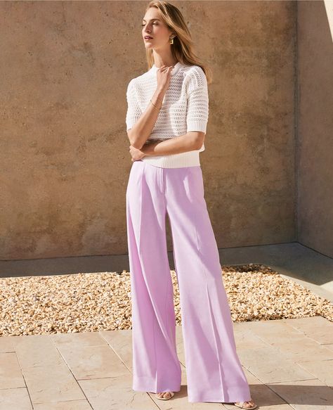 The Single Pleated Wide Leg Pant in Linen Blend Lavender Trousers Outfit, Lilac Pants, Trouser Outfit, Smock Blouse, Suit Jackets For Women, Knitted Suit, Belted Midi Dress, Stretch Top, Wide Leg Pant