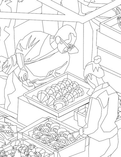 Sample coloring page from the Tokyo fish market. Marketplace Illustration, Market Place Drawing, Fish Market Drawing, Fish Market Architecture Design, Fish Market Concept Art, Vegetable Market Drawing Sketch, Fish Market Architecture, Market Architecture, Fish Market