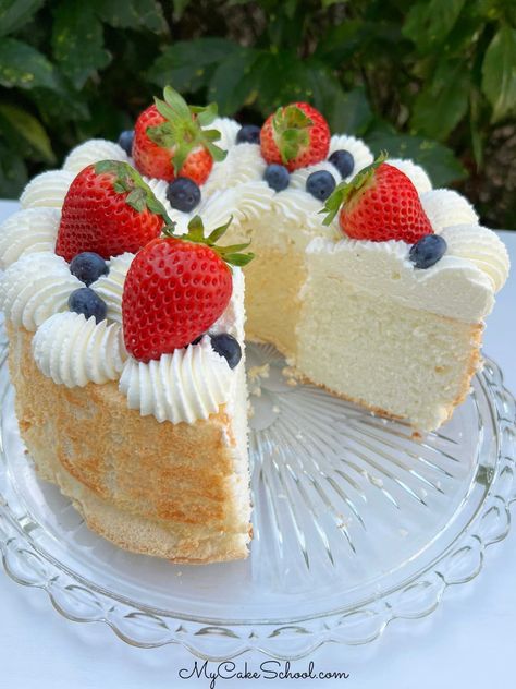 Angel Fruit Cake, One Serving Cake, Fancy Angel Food Cake, Frosted Angel Food Cake, Angel Food Cake Flavors, Angel Food Cake Wedding Cakes, Angel Food Layer Cake, Angel Food Ice Cream Cake, Angel Food Cake And Strawberries