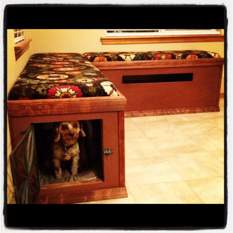 Breakfast nook bench seating that doubles as a dog kennel for small dogs ;) Dog Kennel Bench Seat, Dog Crate Bench Seat, Nook Bench Seating, Dog Crate Bench, Dog Nook, Breakfast Nook Bench, Kennel Furniture, Crate Bench, Nook Bench