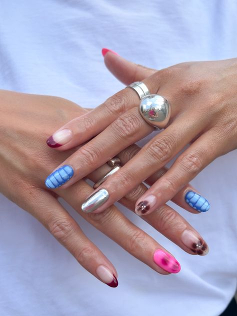 When you can't decide so you get them all ✨ Pick n Mix by the talented Cecile 💙 To Book: Gel Mani Full Works + Level 1 Nail Art #shoreditchnails #cecileshoreditchnails #shoreditchnailstudios #chromenails #snakeprint #frenchtipnails #thegelbottle #biabjourney #biab #biabnails Pick And Mix Nails, Pick N Mix Nails, Glasto Nails, One Nail Design, Mixed Nails, Mix And Match Nails, Mix Nails, Mismatched Nails, Biab Nails