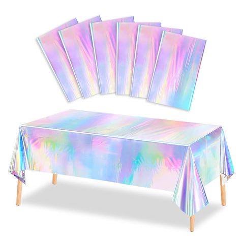 PRICES MAY VARY. Package Includes: You can receive 6 shiny disposable tablecloths, size: 54 × 108 inches, suitable for any rectangular tables up to 8ft. In different light display will show different color effect, in the strong light state laser effect is better. High-quality Material: The laser plastic table cover is made of PE plastic, which is very strong and long-lasting, not easy to fade, with a smooth surface and easy to cut. Double Sided Gloss: The iridescent laser tablecloth adopts a hol Picnic Buffet, Mermaid Baby Shower Theme, Iridescent Party, Rainbow Party Decorations, Waterproof Tablecloth, Mermaid Theme Party, Plastic Table Covers, Holographic Foil, Fiesta Baby Shower