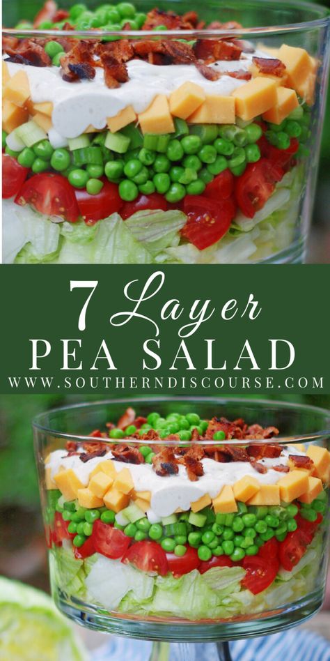 Classic 7 Layer Pea Salad - southern discourse Green Salad With Peas, Layered Pea Salad With Bacon, Pea Bacon Salad, Classic Creamy Pea Salad, Layered Lettuce Salad With Peas, Lawnmower Salad, Seven Layer Salad Recipe Classic, 7 Layer Salad Dressing, 7 Layer Pea Salad