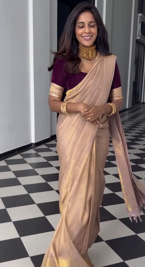 Dd Saree Collection, Dd Saree, Dusky Skin Saree Look, Gold Colour Saree, Muhurtham Saree, Farewell Saree, Matching Ideas, Silk Dress Design, Dusky Skin