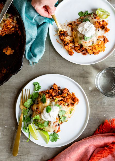 Easy Cheesy Enchilada Skillet from Hello Veggie Sweet Potatoes And Black Beans, Vegetarian Enchiladas Recipe, Vegetarian Enchilada, Enchilada Skillet, Vegetarian Enchiladas, Easy Vegetarian Dinner, Vegan Fast Food, Vegetarian Main Dishes, Red Enchilada Sauce