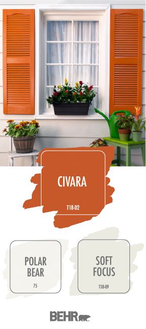 Looking for an easy way to update your curb appeal for summer? Use this trending color palette from BEHR® Paint. Polar Bear and Soft Focus are classic neutral shades that work well with every design style. Civara adds a fun pop of bright orange-red color that livens up these painted window shutters. Click below for more exterior home inspiration. Orange Shutters Exterior, Orange Shutters, Craftsmen Bungalow, Colorful Shutters, Orange Paint Colors, Orange Rooms, Orange Door, House Shutters, Living Space Decor