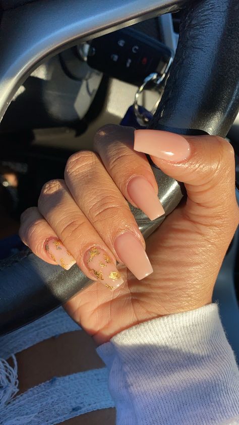 Fresh Set Acrylic Nails, Fresh Manicure Ideas, Pink And Gold Flake Nails, French Tip Gold Flakes, Short Square Acrylic Nails Gold, Square Gold Nails, Nude Tapered Square Nails, Nude Coffin Nail Ideas, Short Nude Nails With Design