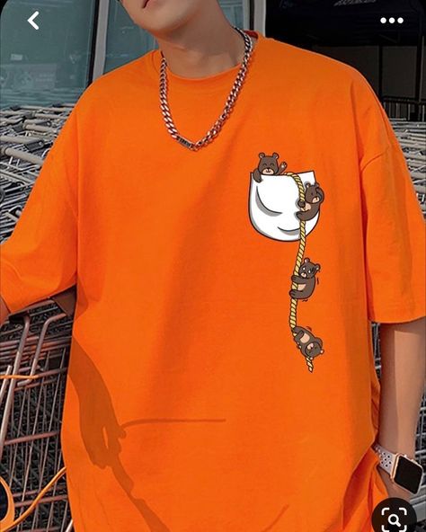 Orange Tshirt Outfits Man, Orange Tshirt Outfits, Men Street Outfit, Orange Tshirt, Shirt Painting, Men Cartoon, Tshirt Oversized, T Shirt Painting, Shein Outfits