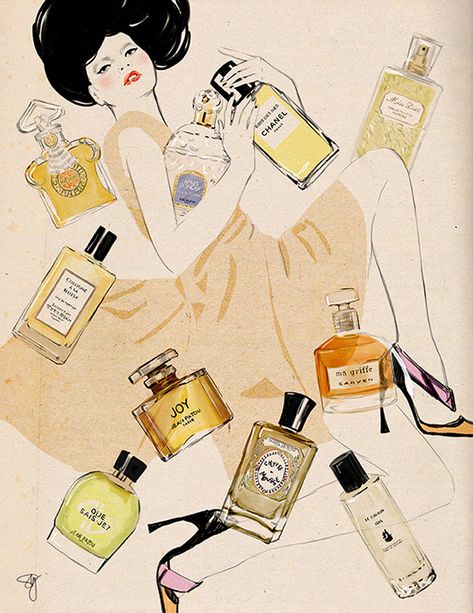 Perfume Illustration, Kate Spade Perfume, Denim Editorial, Chloe Perfume, Perfume Art, Hair Perfume, Zara Fashion, Harper’s Bazaar, Fashion Art Illustration