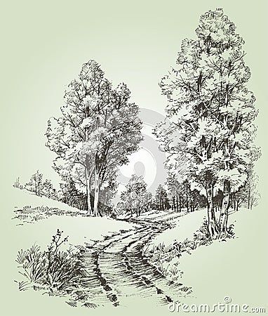 Tree Hatching, Gabriel Drawing, Drawing Landscapes, Woods Landscape, Forest Sketch, Mountain Sketch, Landscape Pencil Drawings, Drawing Scenery, Forest Drawing