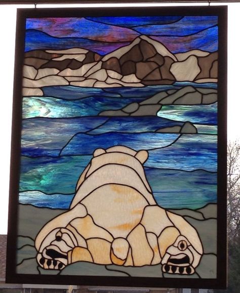 Polar bear lookout by Ardie Glass Art Design, Stained Glass Supplies, Glass Art Pictures, Salmon Dinner, Mosaic Stained, Stained Glass Pattern, Glass Art Projects, Custom Stained Glass, Mosaic Supplies