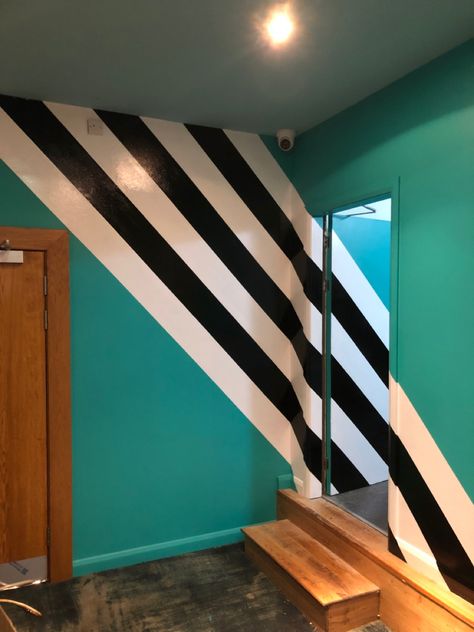 Zig Zag Wall Paint, Stripe Paint Ideas For Walls, Striped Hallway, Striped Ceiling, Zig Zag Wall, Condo Inspiration, Stripe Wall, Colorful Room Decor, Block Painting