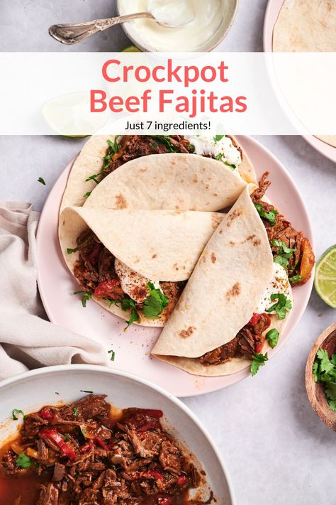 Try this easy crockpot beef fajitas with bell peppers, onions, tomatoes, and authentic fajita seasoning. Enjoy with warm tortillas, in tacos, over salads, and more!
 #dinner #freezerfriendly #kidfriendly #makeahead Crockpot Fajitas Steak, Crock Pot Fajitas, Steak Fajitas Crockpot, Slow Cooker Mexican Recipes, Mexican Food Recipes Beef, Slow Cooker Chicken Fajitas, Fajita Mix, Slow Cooker Steak, Slow Cooker Dinner Recipes