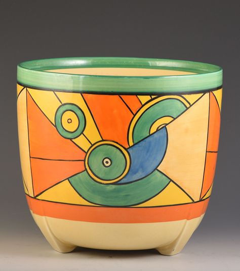 Clarice Cliff ‘Sliced Circle’ Dover Jardiniere, c1930 Claris Cliff Designs, Clarice Cliff Designs, Claris Cliff, Colourful Pottery, Art Deco Lines, Miami Art Deco, Susie Cooper, Art Deco Paintings, Pottery Houses