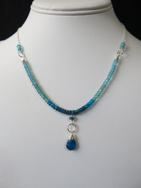 Blue Apatite Necklace. Bright Blue Apatite briolette wrapped in sterling silver surrounded by different shades of blue Apatite www.sarahwalkerjewelry.com Blue Apatite Jewelry, Apatite Jewelry, Different Shades Of Blue, Apatite Necklace, Tiny Necklace, Bead Necklaces, Beaded Jewelry Designs, Swarovski Crystal Necklace, Blue Apatite