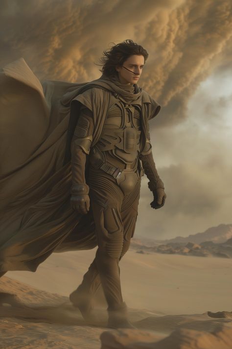 scene dune movie. Vast desert, Paul with ornithopter on the grounfd His cape is flitting on the side because of the wind. huge sandstorm on backround approaching to them --v 6   --style raw Cape In Wind, Goddess Branding, Dune Photoshoot, Dune Aesthetic, Desert Goddess, Dune Movie, Character Designing, Halloween 2024, On The Side