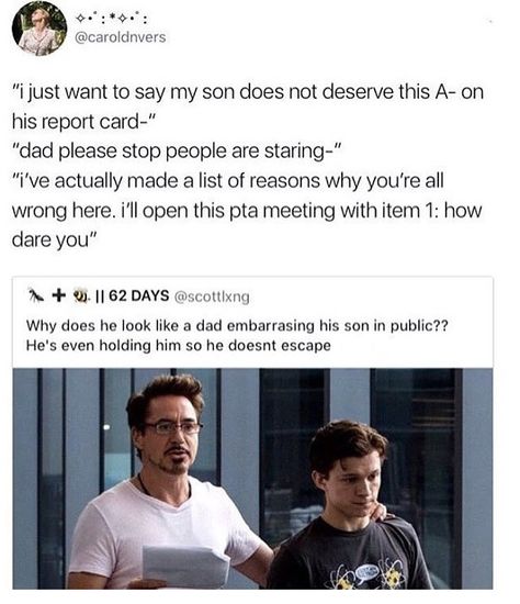 Awww Peter and Tony Peter And Tony, Avenger Family, Adopted Children, Marvel Headcanon, Disney Theory, Avengers Memes, Batman Movie, Miraculous Ladybug Funny, Marvel Stuff