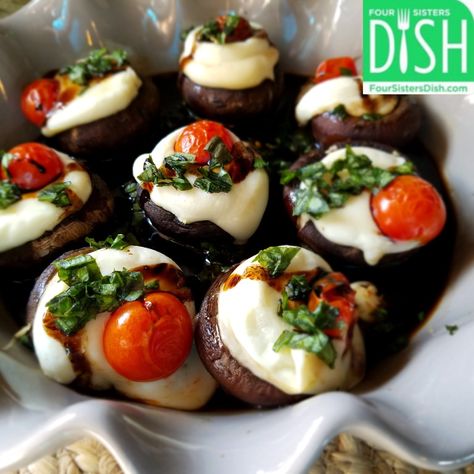 Caprese Stuffed Mushrooms, Mushroom Caprese, Baked Portabella Mushroom Caps, Caprese Stuffed Portobello Mushrooms, Babybel Cheese Recipes, Portobello Recipes, Large Stuffed Mushrooms Portobello, Babybel Cheese, Roasted Garlic Hummus