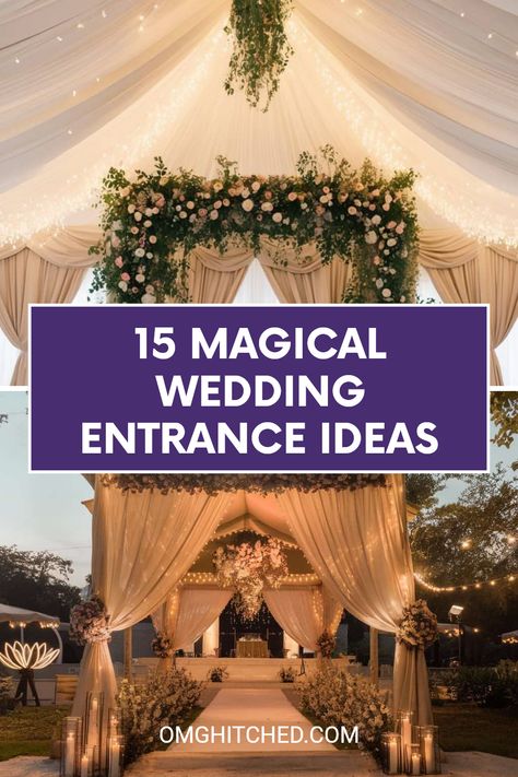 Looking to wow your guests as they arrive at your wedding? Check out these 15 magical wedding entrance decor ideas! From a grand draped tent entrance filled with cascading floral arrangements to twinkling lights that twinkle just right, there's so much inspiration waiting for you. Imagine your friends and family stepping into a beautifully decorated space that sets the tone for your special day. Get excited about planning the perfect entrance that will leave a lasting impression. Save these amazing ideas now and follow for more wedding inspiration! Wedding Tent Entrance Ideas, Outdoor Wedding Entrance Ideas, Wedding Entrance Decor Walkways, Wedding Tunnel Entrance, Wedding Reception Entrance Decor, Wedding Tent Entrance, Wedding Entrance Decor Entryway, Event Entrance Decor, Wedding Entrance Ideas