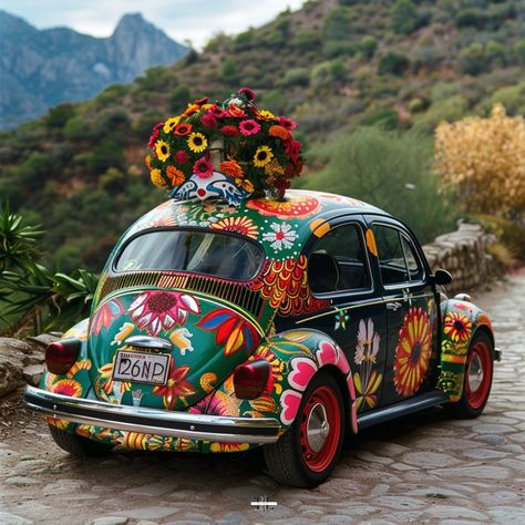 Celebrating Cinco de Mayo on Wheels! 🎉🚗 Explore vibrant culture and colorful traditions, one ride at a time. From painted classics to festive parades, every car tells a story. Join us in the festivities! #CincoDeMayo #CulturalCaravan #FiestaOnWheels #celebration #car #art Bangla Art, Wagon Decor, Slug Bug, Hippie Car, Vw Beetle Classic, Flower Car, Hippie Life, Senior Pics, Vw Beetle