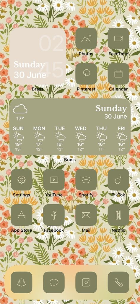 spring floral on Brass | iOS Themes & Widgets Phone Home Screen, Ios Themes, Ios Theme, Iphone Home Screen Layout, Home Screen Layout, Iphone Home Screen, Screen Layout, Floral Iphone, Phone Screen