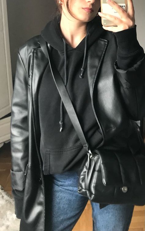 Black Hoodie With Jean Jacket Outfit, Black Hoodie Leather Jacket Outfit, Leather Jacket Sweatshirt Outfit, Leather Jacket Over Hoodie, Leather Jacket With Hoodie Outfit, Hoodie And Leather Jacket Outfit, Hoodie With Leather Jacket, Black Hoodie Outfit, Black Jacket Outfit