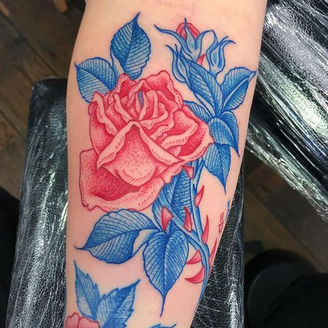 Blue And Red Rose Tattoo, Blue And Pink Tattoo, Red And Blue Ink Tattoo, Blue And Red Tattoo, Red And Blue Tattoo, Blue Flower Tattoo, Blue Ink Tattoo, Blue Tattoos, Rose Outline Tattoo