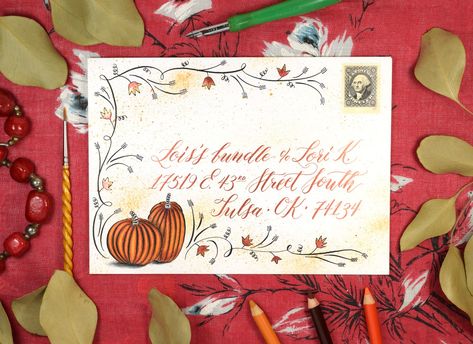 Flourished Autumn Envelope Art Tutorial | The Postman's Knock Pretty Penmanship, Halloween Mail, Animation Styles, Snail Mail Envelopes, Address Envelopes, Snail Mail Art, Mail Art Envelopes, Colored Leaves, Decorated Envelopes