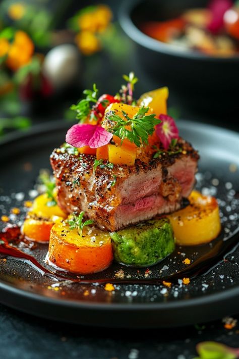 Quick & Delicious Pork Recipes Easy -  #Delicious #Easy #Pork #Quick #Recipes Fine Dining Filet Mignon Plating, Gourmet Pork Recipes, Fine Dining Meals, Course Meal Menu Ideas, Plating Ideas Main Course, Plating Main Course, Fine Dining Recipes Main Courses, Main Course Plating, Simple Pork Recipes