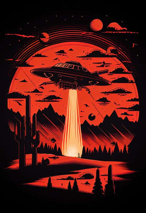 Alien Spaceship Art, Alien Abduction Art, Science Fiction Aesthetic, Ufo Illustration, Alien Illustration, Retro Space Posters, Alien Poster, Retro Alien, Spaceship Illustration