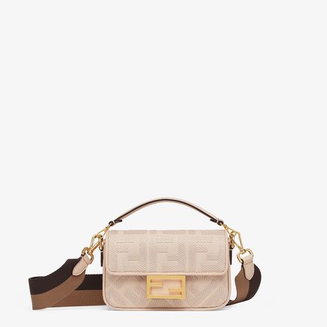 Pink FF canvas bag - MINI BAGUETTE | Fendi Fendi Mini Baguette, Tone On Tone Embroidery, Fendi Baguette Bag, Fendi Logo Design, Mini Baguette, Baguette Bags, Fendi Store, Fendi Mini, It Bag