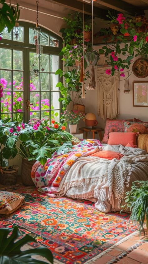 Floral Maximalist Bedroom, Free Spirited Aesthetic, Natural Life Bedroom, Pink Plant Room, Napping Room, Hippie House Aesthetic, Boho Aesthetic Bedroom, Bedroom Ideas Women, Colorful Bohemian Bedroom Decor