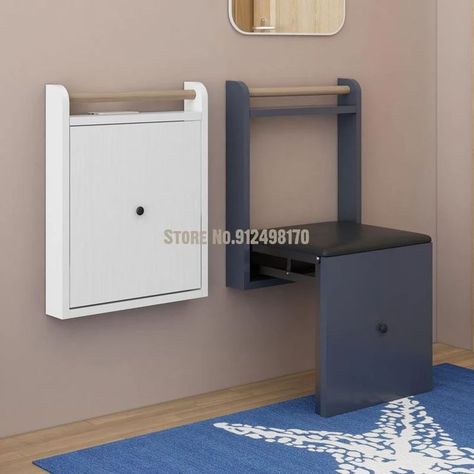 Small house type space saving wall hanging hidden simple wall hanging folding shoe changing stool porch stool entrance corridor Foldable Stool, Folding Seat, Hanging Cabinet, Future Apartment Decor, Kids Seating, Desk Furniture, Types Of Houses, Bench Furniture, Filing Cabinet