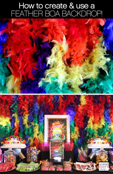 {RAINBOW WEEK} How to Create and Use this RAINBOW Feather Boa Backdrop! Pokemon Candy, Rio Party, Homecoming Decorations, September Themes, Feather Boas, Carnival Decorations, Carnival Themed Party, Rio Carnival