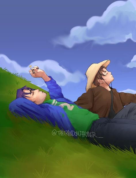 Shane from Stardew Valley lying on the grass on a hill next to a male farmer Stardew Valley Male Farmer, Stardew Valley Alex X Male Farmer, Stardew Valley Shane X Farmer, Shane X Farmer, Shane Stardew Valley Fanart, Stardew Valley Shane, Shane & Shane, Stardew Valley Fanart, Stardew Valley