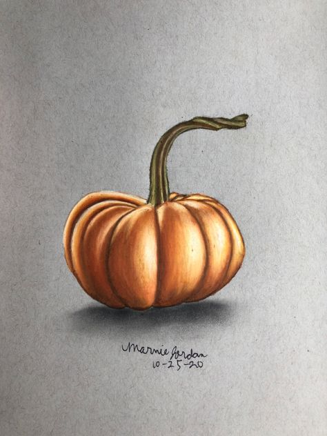 Fall Colored Pencil Art, Pumpkin Color Pencil Drawing, Coloring Pumpkins With Colored Pencils, Realistic Pumpkin Drawing, Toned Grey Paper Drawings, Toned Gray Paper Drawings, Pumpkin Charcoal Drawing, Charcole Drawings, Colored Pencil Artwork Ideas