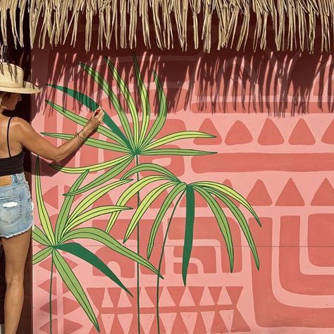 Tropical Mural Painting, Garden Wall Painting, Boho Hair Salon, Geometric Mural, Puerto Viejo Costa Rica, Dance Studio Design, Painted Mural, Garden Mural, Anthropologie Home