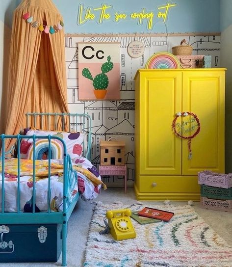 Colorful Toddler Room, Ada Bedroom, Bright Kids Bedroom, Aria Bedroom, Mini Nursery, Eclectic Kids Room, Bedroom Kid, Prickly Cactus, Kids Shared Bedroom