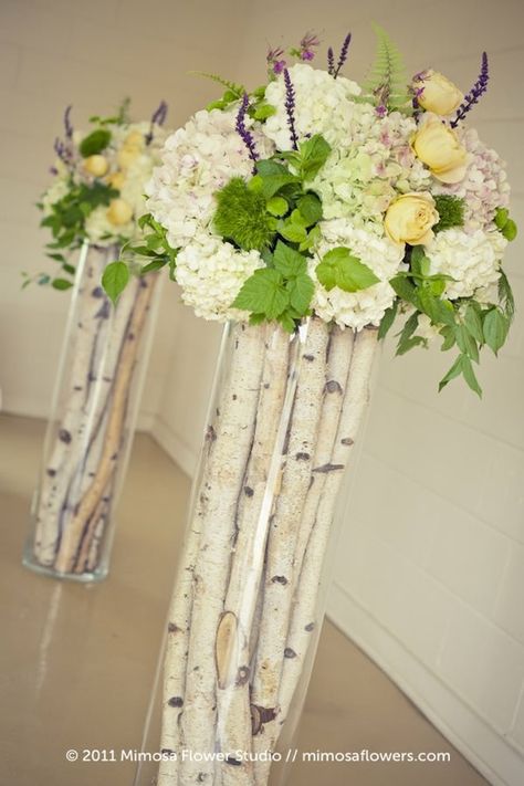 Oh my gosh! Lovin' the birch! Especially in these long tall glasses...that'd be nice for the sanctuary wedding decorations Vase Filler Ideas, Ceremony Arrangement, Niagara Wedding, Birch Branches, Flowers And Greenery, Weddings By Color, Deco Floral, Vase Fillers, Tall Vases