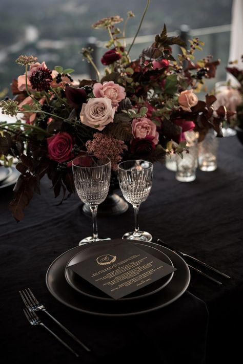 Malibu Rocky Oaks Wedding, Dark Wedding Theme, Rustic Wedding Decorations, Dark Wedding, Moody Wedding, Table Styling, Centerpiece Ideas, Wedding Table Decorations, Fall Wedding Colors