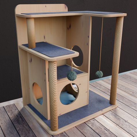 "Wooden Cat Bed and Play Tower Activity Centre  Digital Woodwork Plans PDF DIY Cat Toy Play Area UK Metric (mm) DIY (Woodwork Plans) UK Metric (mm) Version.  Overall size 744mm wide x 518mm depth x 905mm height. What will you benefit from having these DIY PDF Woodwork Plans? *A comprehensive easy to read set of step-by-step instructions on how to build this project. *A Material list including sizes and quantities required. *A list of Tools needed to complete the project. *Detailed progressive colour 3D illustrations with clear dimensions. *Building a DIY project can be a great way to save money. *Most importantly its great fun and gives a great sense of achievement. *All the hard work has been done for you in terms of the design and scheduling of materials needed. Also if you need any help Cat Tower Diy, Diy Jouet Pour Chat, Diy Cat Tower, Woodwork Plans, Chat Diy, Cat Climber, Diy Cat Tree, Diy Cat Toys, Play Furniture