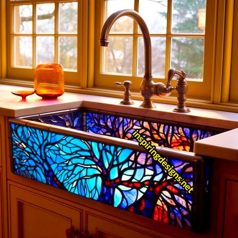 These Stained Glass Sinks Will Transform Your Kitchen into a Kaleidoscope of Colors – Inspiring Designs Stained Glass Sink Bowl, Unique Sinks Kitchen, Stain Glass Sink, Stained Glass Kitchen Sink, Unique Kitchen Colors, Stained Glass Backsplash, Bedroom Sink, Glass Designs, Stained Glass Kitchen