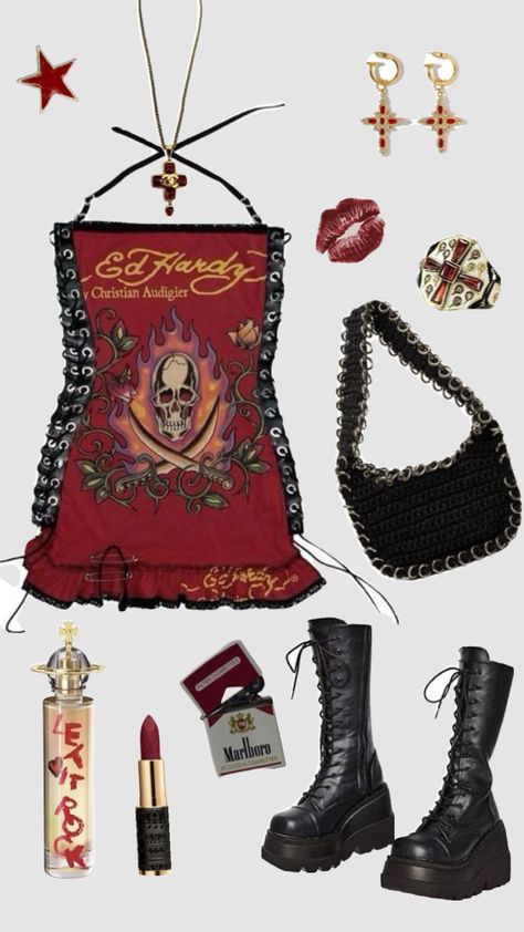 Ed hardy outfit #edhardy #outfit #outfitideas #grunge Ed Hardy Aesthetic, Ed Hardy Outfit, Nana Clothes, Plus Size Aesthetic Outfits, Mcbling Fashion, Career Outfits, Birthday Fits, Parisian Chic