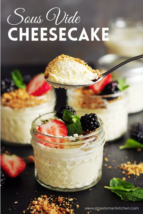 Sous vide cheesecake in jars is the easiest and most foolproof way to make the perfect cheesecake consistently without cracks or hassle. Sous Vide Cheesecake, Sous Vide Dessert, Instant Pot Sous Vide, The Perfect Cheesecake, Healthy Cheesecake Recipes, Perfect Cheesecake, Healthy Cheesecake, Sous Vide Recipes, Sous Vide Cooking