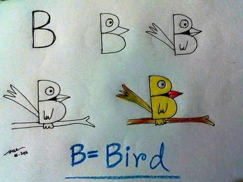 B is for bird Alphabet Drawing, Word Drawings, Alphabet Pictures, Drawing Lessons For Kids, Easy Drawings For Kids, Drawing Letters, Basic Drawing, Alphabet Art, Cute Easy Drawings