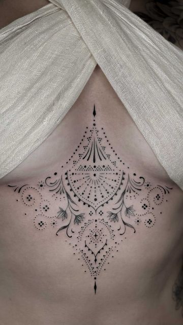 ❈ Blum ❈ on Instagram: "Sternum ornament tattoo - Contact: blum.ttt@gmail.com - #finelinetattoo #sternumtattoo #inkedgirl #ornamentaltattoo #jeweltattoo #flowertattoo #kwadron #kwadroncartridges" Libra Tattoo Sternum, Sternum Mandala Tattoo Women, Ornamental Back Tattoo Design, Sternum Tattoo Ornamental, Ornamental Underboob Tattoo, Blum Ttt Tattoo, Ornamental Tattoo Sternum, Celestial Sternum Tattoo, Sternum Ornamental Tattoo