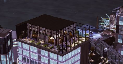 The September Sim Sims 4 Hangout Lot, Stargazer Lounge Sims 4, Sims 4 Rooftop Lounge, Sims 4 San Myshuno, Ts4 Builds, San Myshuno, Rooftop Lounge, Cc Sims, Sims 4 Houses