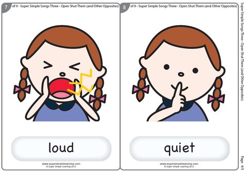 loud/ quiet Adjectives For Kids, Opposite Words For Kids, Opposites Preschool, First Grade Words, English Worksheets For Kindergarten, Teaching Printables, Super Simple Songs, Opposite Words, Literacy Games