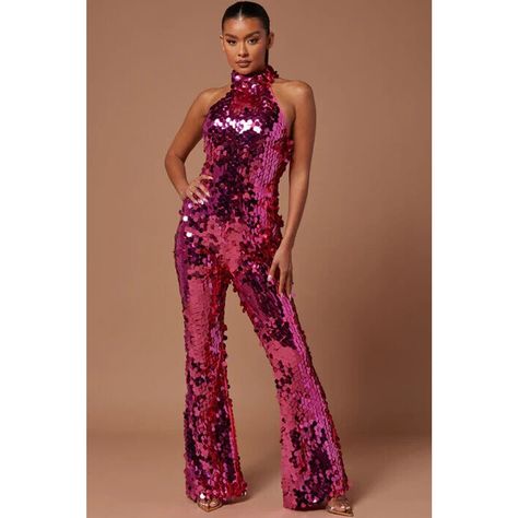 * Msrp $109.00 * Chest Aprox 34", Waist Aprox 27", Inseam Aprox 34" * Sequin Jumpsuit - Mock Neck * Sleeveless - Stretch - Flare Leg - Open Back * Hidden Back Zipper - Lined * Shell & Shell: 100% Polyester - Lining - Imported Customer Satisfaction Is Our #1 Goal. We Are Committed To Offering Our Valued Customers 100% Authentic, Brand Name Products At Discount Prices. All Our Items Are Purchased Directly From Department Stores And Are Usually Over-Stocked Or Out Of Season Items. We Guarantee Their Quality And Authenticity. We Try To Take The Best Pictures To Represent Each Items Authenticity As Well As Descriptions And Brand Names Of Each Item If Possible, To Give You As Much Informati Pink Sequin Jumpsuit, Hot Pink Fashion, Sequin Jumpsuit, 60 Fashion, Luxe Fashion, Pink Sequin, Black Romper, Long Sleeve Romper, Matching Dresses