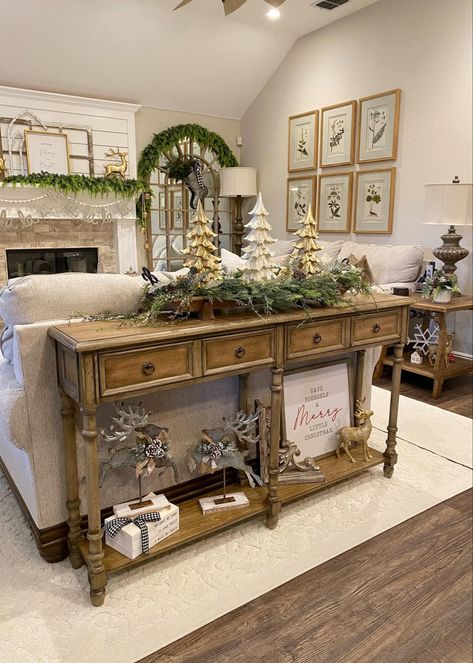 Christmas Decorated Sofa Tables, Living Room Center Table Decoration Christmas, Xmas Console Table Decor, Decorating Sofa Table For Christmas, Sofa Table Behind Couch Christmas Decor, Behind Couch Christmas Decor, Farmhouse Christmas Console Table Decor, Christmas Decor Sofa Table, Christmas Decor Ideas Console Table